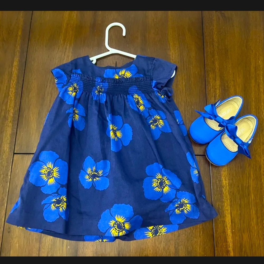 Tea Collection Blue Floral Dress & matching Satin Blue Shoes, Baby sz 12-18 mos